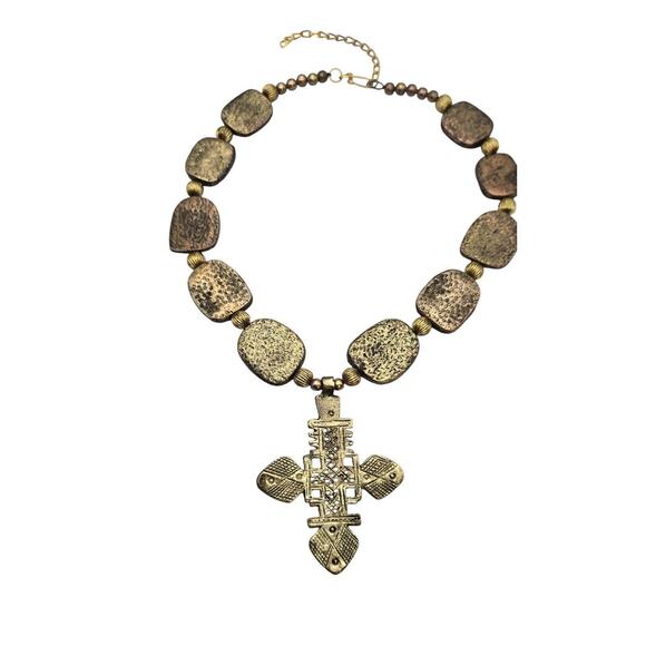 Ethiopian Cross Textured Bronze-Gold Stations Bead Statement Necklace - Picture 4 of 8